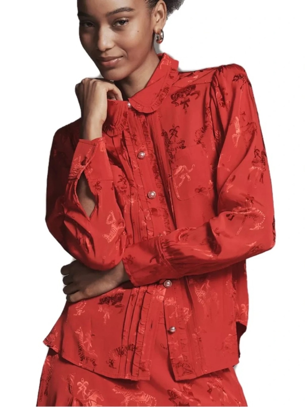 Anthropologie Maeve Long Sleeve Printed Silky Buttondown Blouse RED SIZE XXS NWT